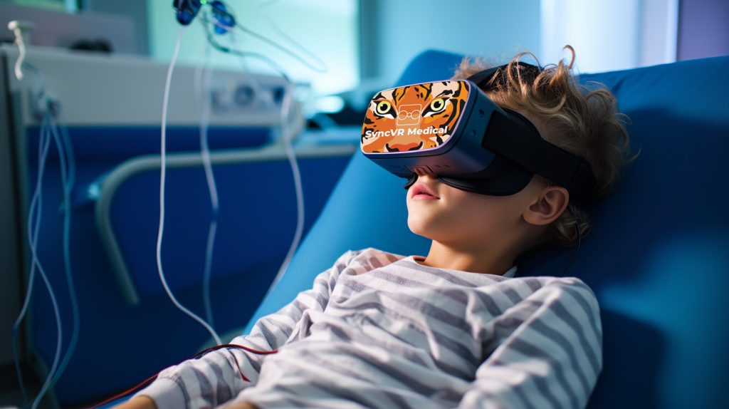 Child hospitalised wearing a virtual reality headset with the use of our relax and distract application