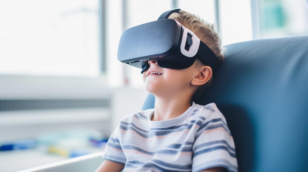 Child wearing virtual reality (VR) headset in hospital