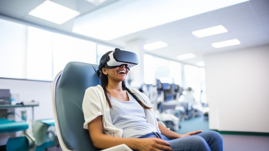 Patient wearing virtual reality headset during treatment