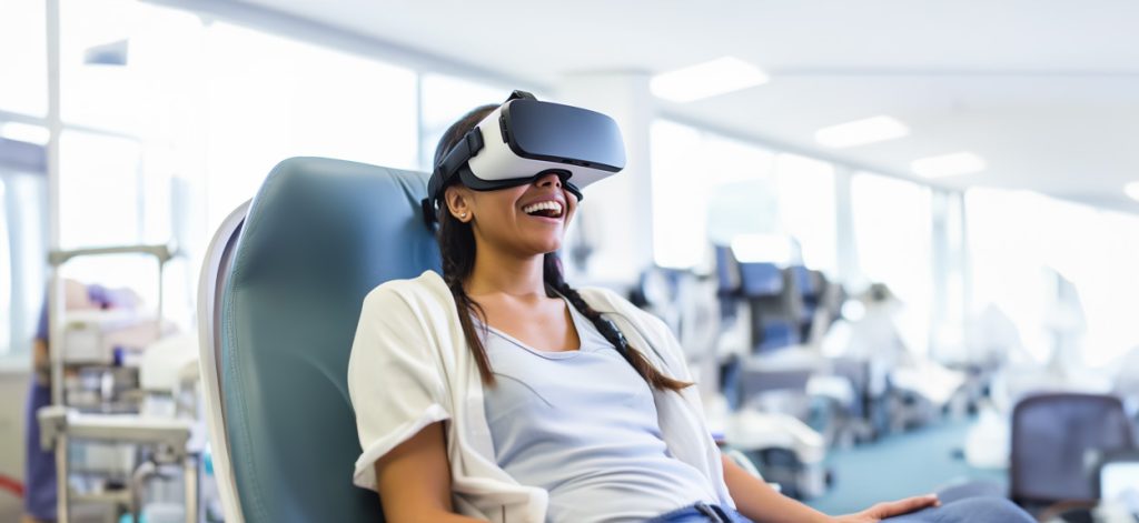 Patient wearing a Virtual Reality (VR) headset during a treatment